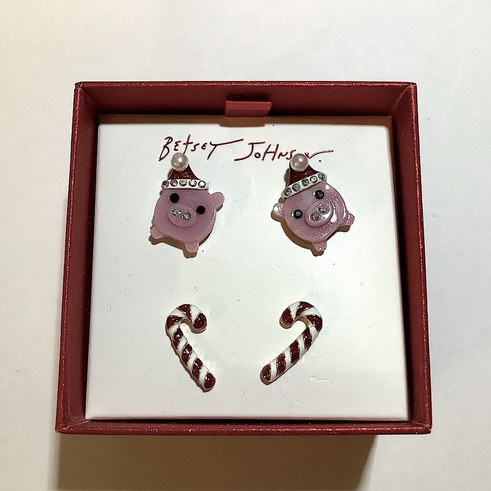Betsey Johnson Christmas Pig & Candy Cane Earring Set New